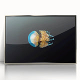 Mid-century modernist art of a serene ocean scene in muted blue tones, acrylic print framed in silver.