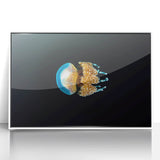 Art deco poster featuring a serene Micronesian landscape in muted blue and green hues, framed acrylic.