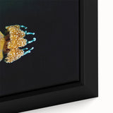 Black wall art depicting a textured, colorful Micronesian oceanic scene on a large framed canvas.