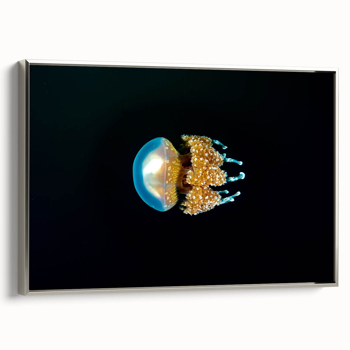 Landscape art painting of a Micronesian scenery on a framed canvas, featuring vibrant ocean blues with black accents.