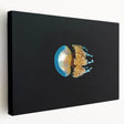 Side view of a stretched canvas depicting an oceanic Micronesian scenery in soft blue and green hues.