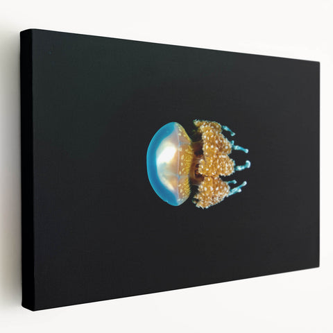 Side view of a stretched canvas depicting an oceanic Micronesian scenery in soft blue and green hues.