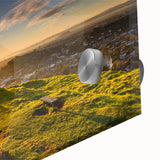 Large abstract wall art of Auckland's skyline in muted blue and green hues on acrylic glass, ideal for dining room art.