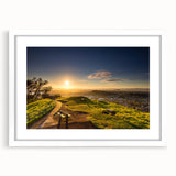 Abstract art print of Auckland skyline in muted gray and blue tones on a framed white canvas, suitable for dining room decor.