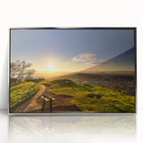 Mid-century modernist art of Auckland skyline in muted blues and greens on a framed acrylic print.