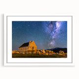 Abstract art print of Canterbury, New Zealand landscape in muted earth tones on a white-framed canvas.