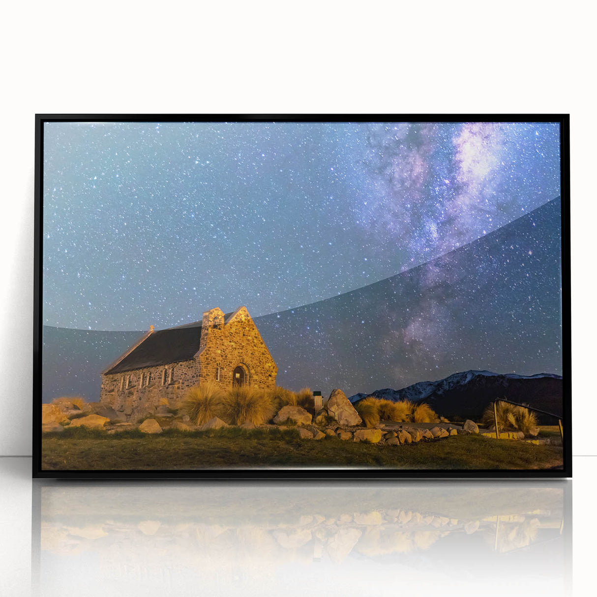 Large abstract wall art depicting a serene New Zealand Canterbury landscape in muted earth tones, framed in black acrylic.