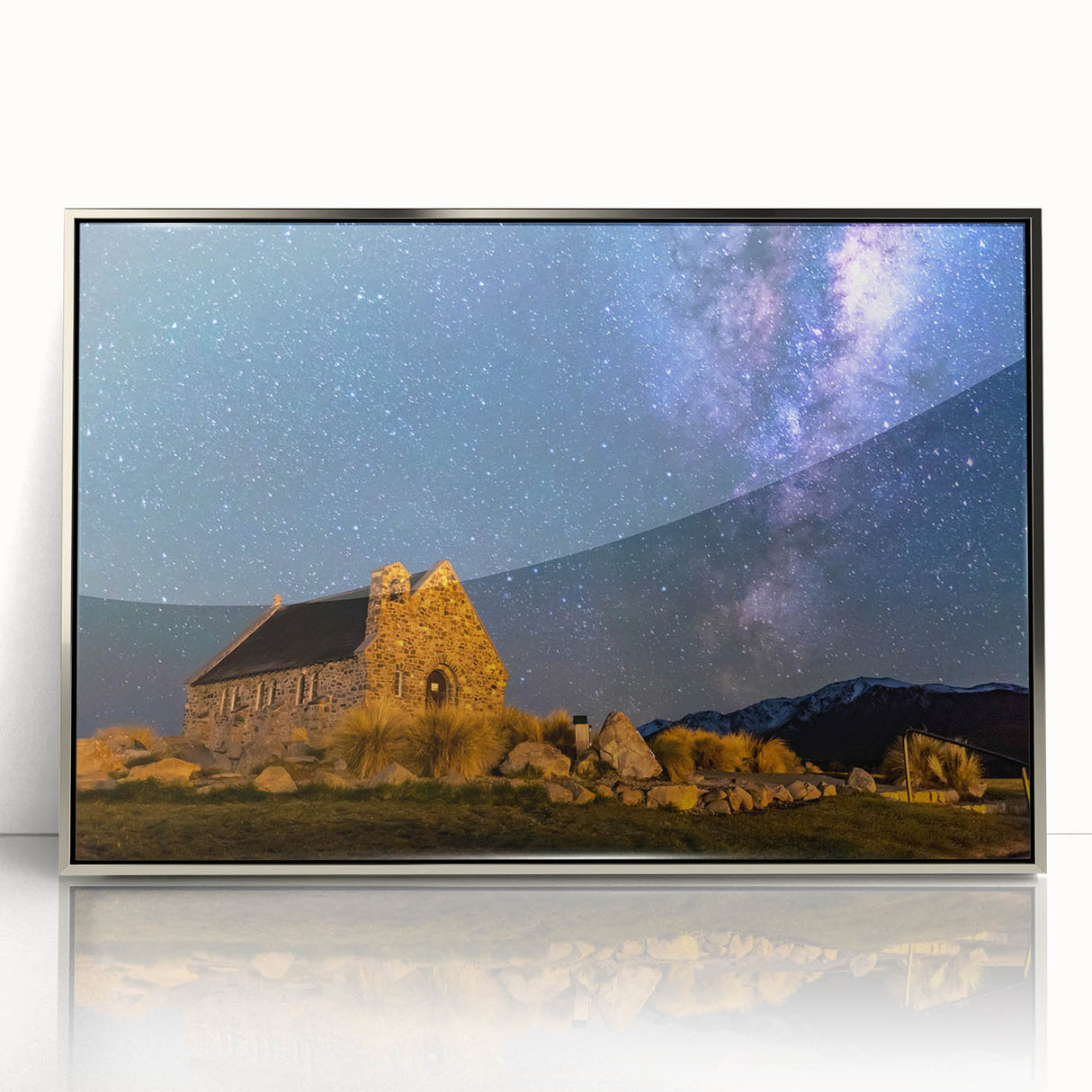 Mid-century modernist art depicting a serene Canterbury, New Zealand landscape in muted earth tones.