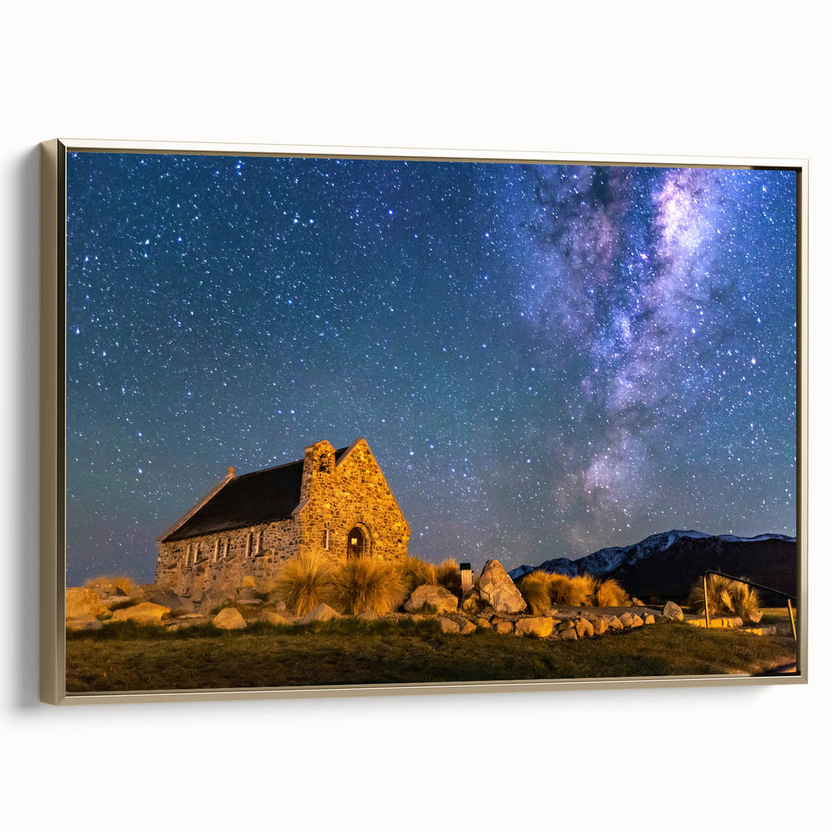 Framed canvas featuring a vintage-style landscape painting of Canterbury, New Zealand, with muted earth tones.