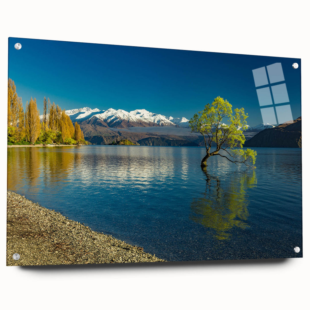 Acrylic print of a large abstract depiction of Otago, New Zealand, in cool blue and green tones.
