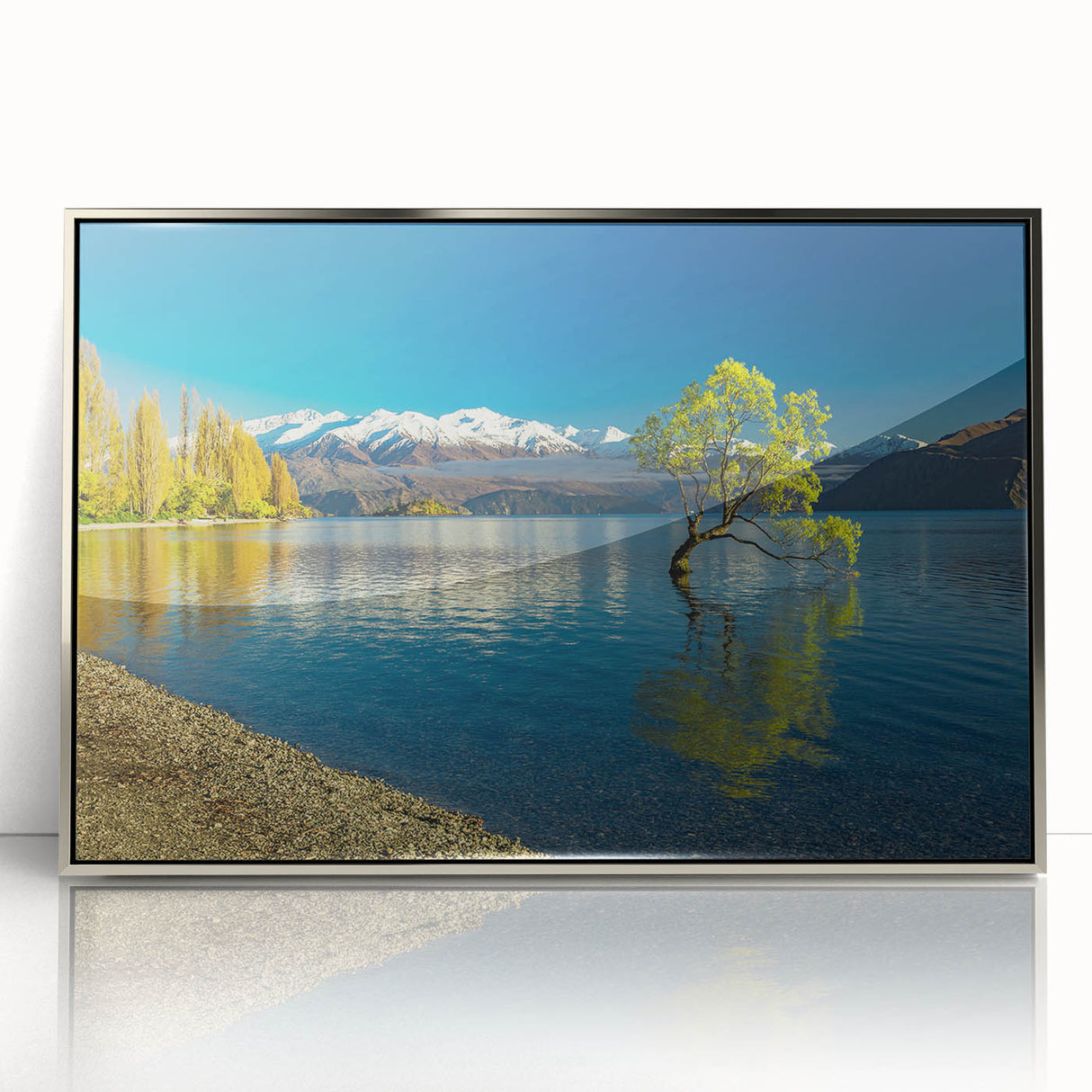 Mid-century modernist art depicting Otago, New Zealand scenery in a framed acrylic print, ideal for modern art wall decor.