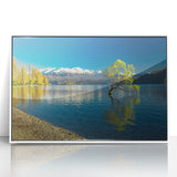 Art deco poster of Otago, New Zealand scenery on white framed acrylic, ideal for nursery wall art.