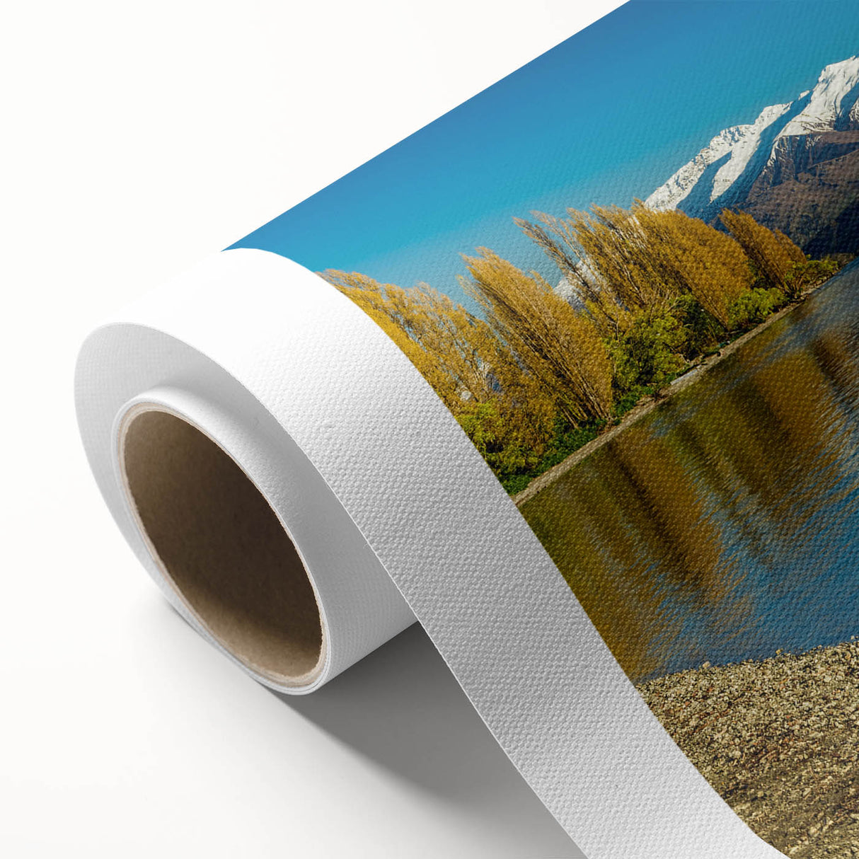 Art Deco poster of Otago, New Zealand on rolled canvas, featuring muted blue and green tones, ideal for nursery wall art.