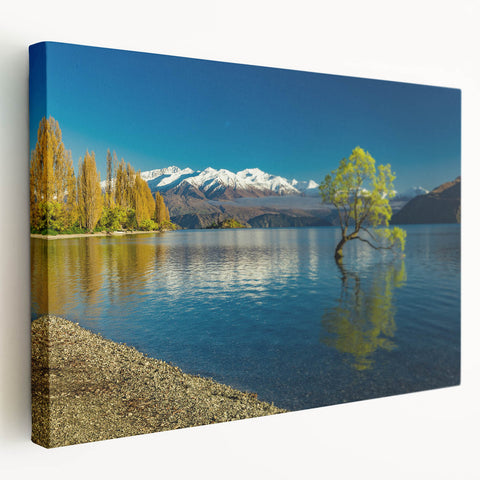 A panoramic view of Otago, New Zealand on a stretched canvas, featuring serene blue and green tones.