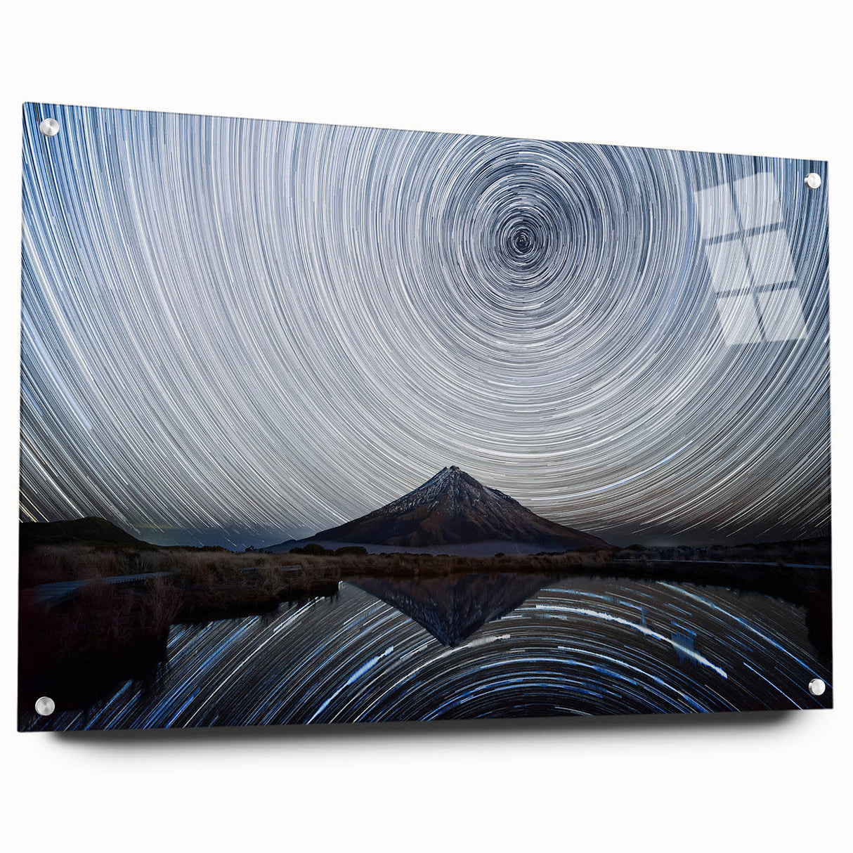 Acrylic print of Taranaki, New Zealand, featuring soft blue and green hues, ideal for bedroom or dining room decor.