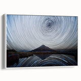 Vintage poster art of New Zealand's Taranaki scenery on a white-framed canvas, featuring a blend of black and vibrant colors.