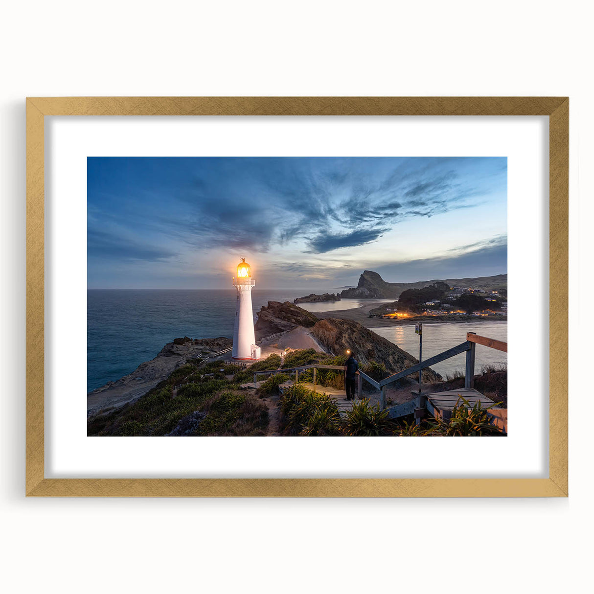 Extra large abstract art print of Wellington, New Zealand, in textured gold frame, featuring muted earth tones.