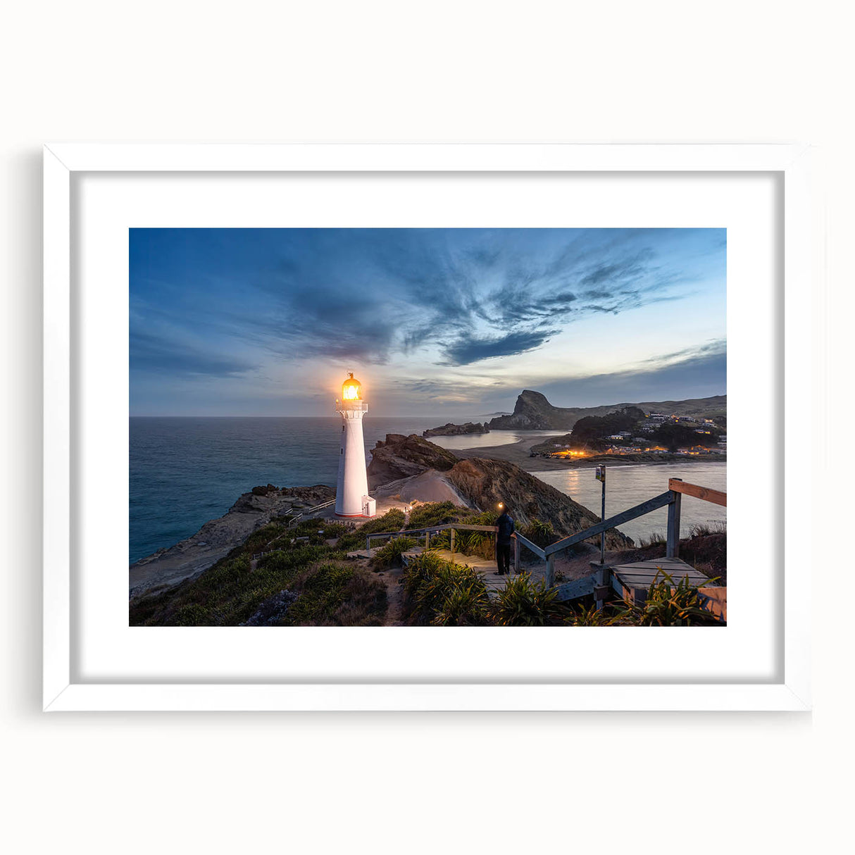 Abstract art print of Wellington, New Zealand, in muted blue and green tones on a white framed canvas.