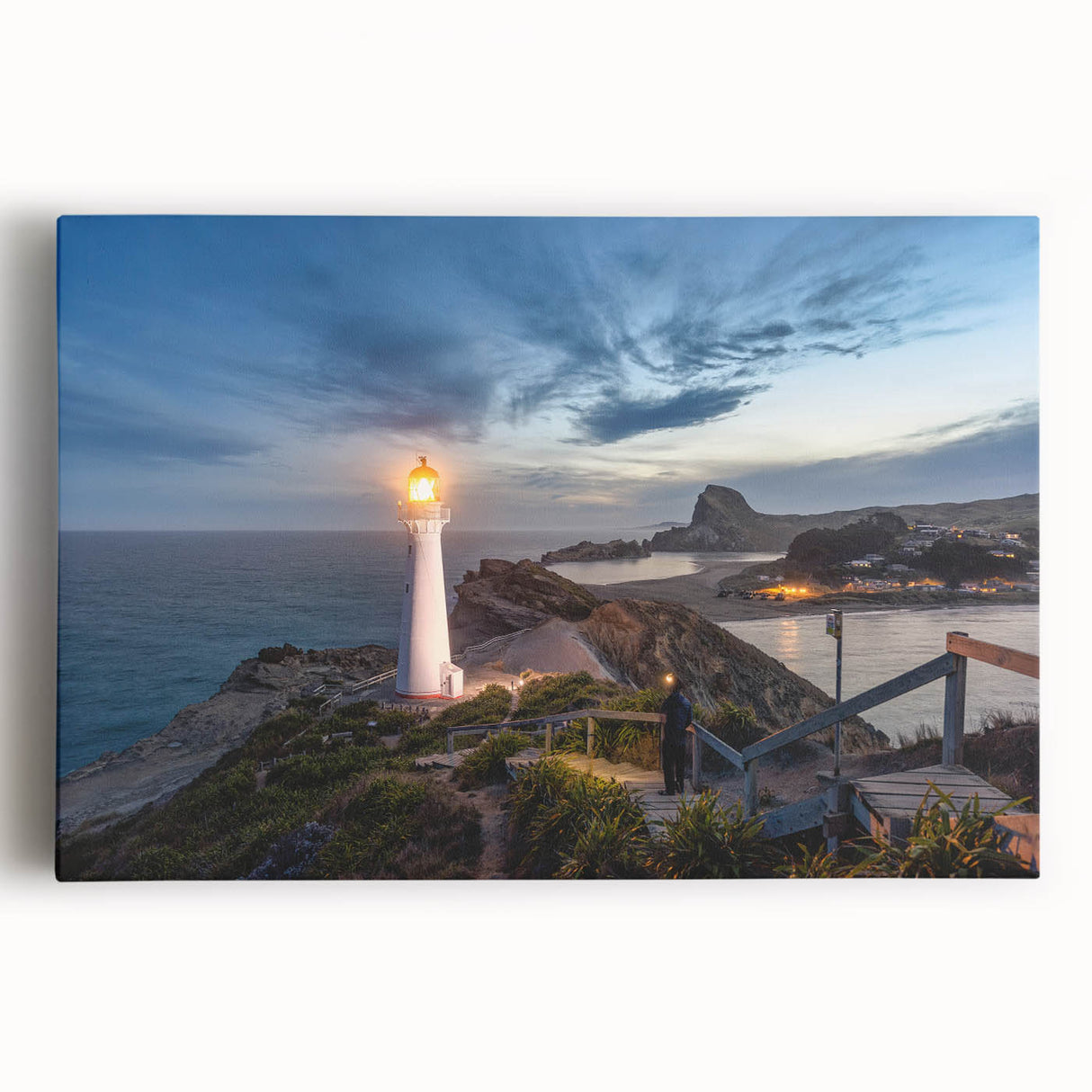 Large black and white photo of Wellington, NZ on stretched canvas, ideal for kitchen wall art.