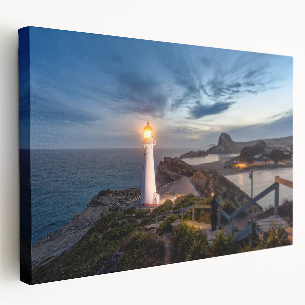 Side view of a stretched canvas depicting the Wellington, New Zealand skyline in muted blue and green tones.