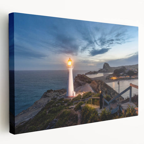 Side view of a stretched canvas depicting the Wellington, New Zealand skyline in muted blue and green tones.