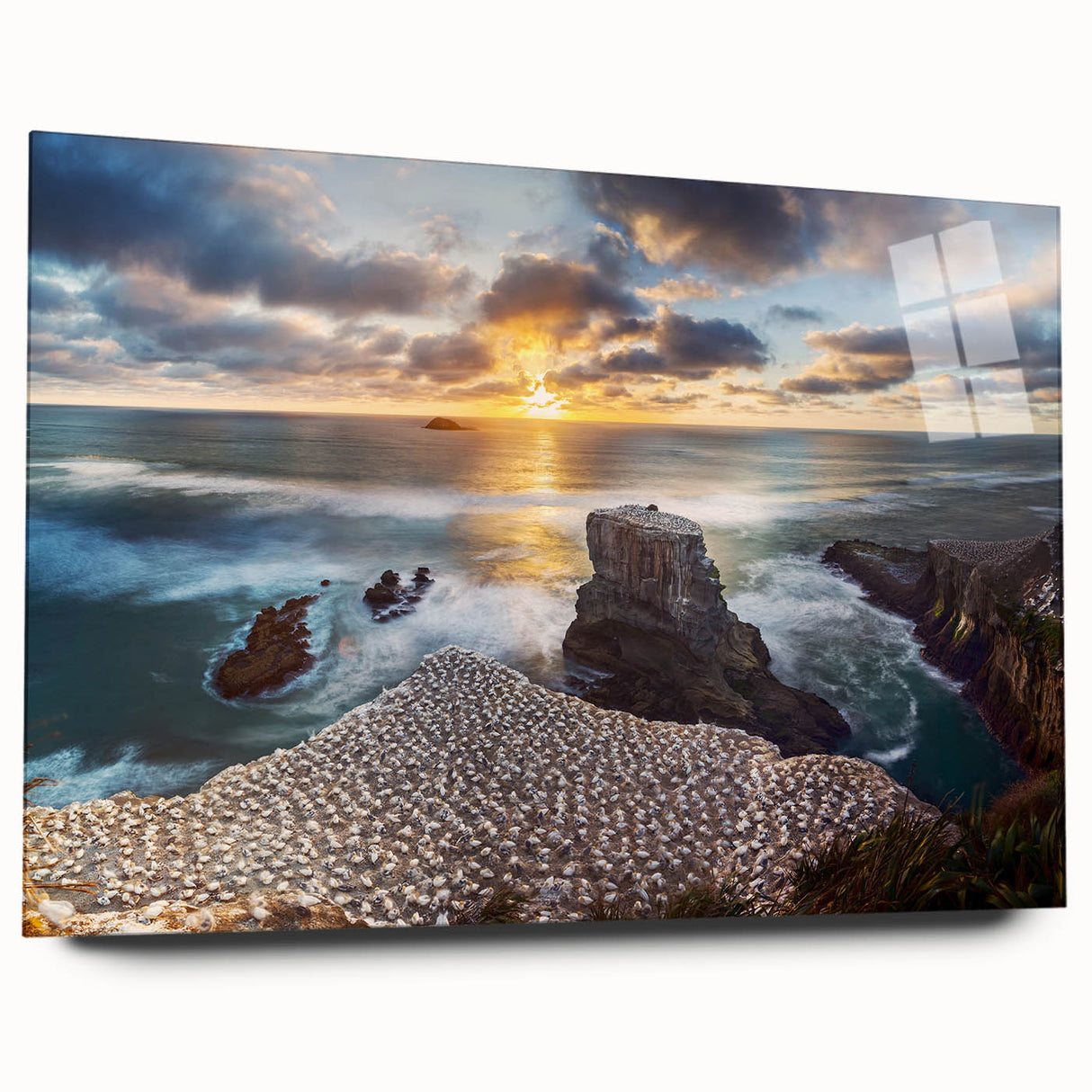 Acrylic print of a large abstract depiction of New Zealand's West Coast in muted blues and greens.