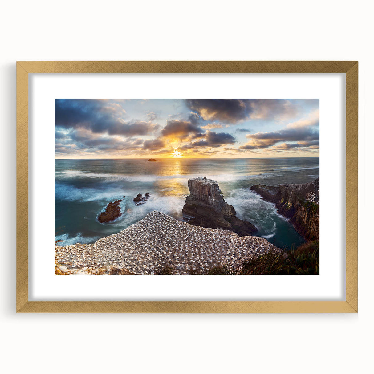 Extra large textured abstract art print of New Zealand's west coast in muted earth tones, framed in gold.
