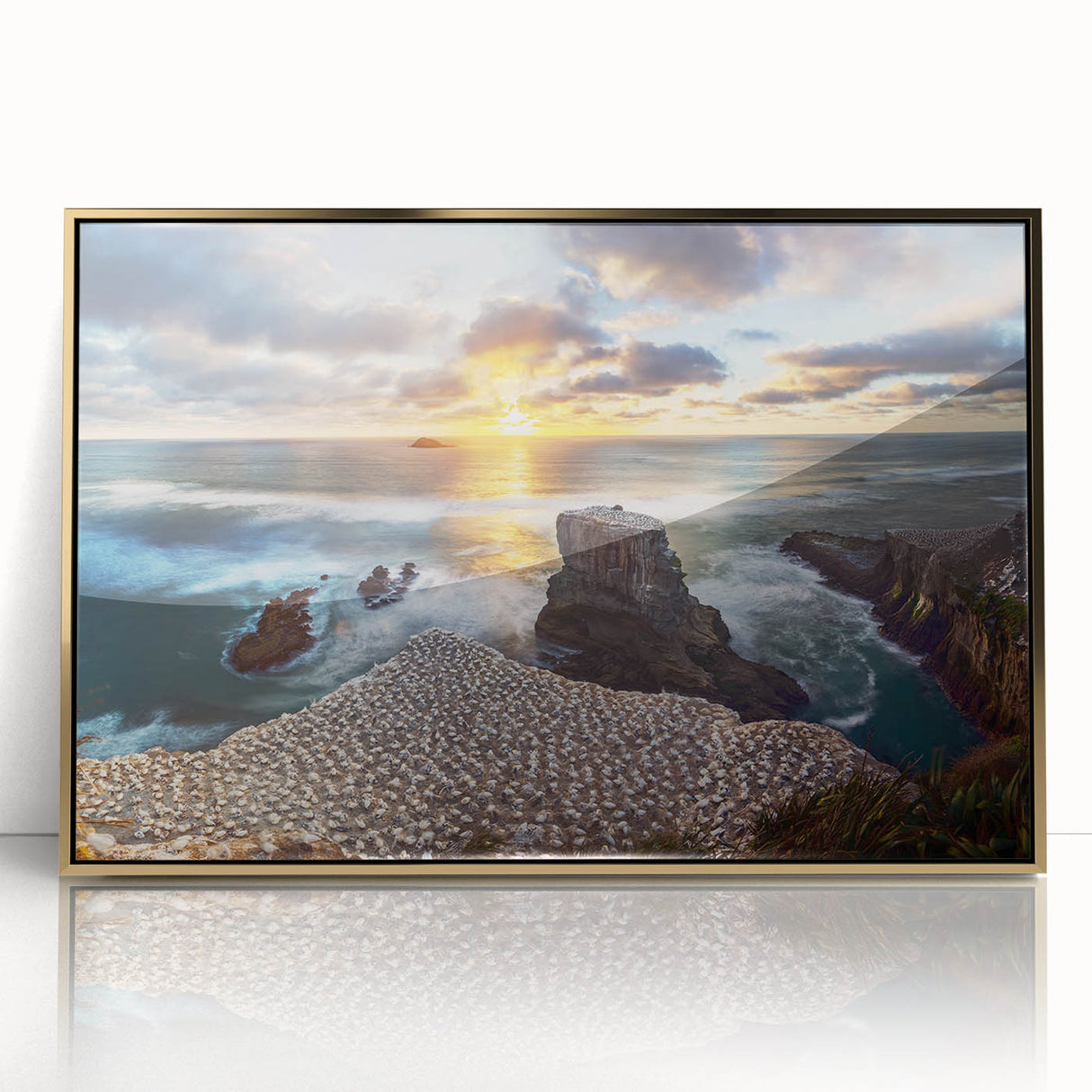 Mid-century modernist acrylic print of New Zealand's West Coast in gold frame, ideal for modern art wall decor.