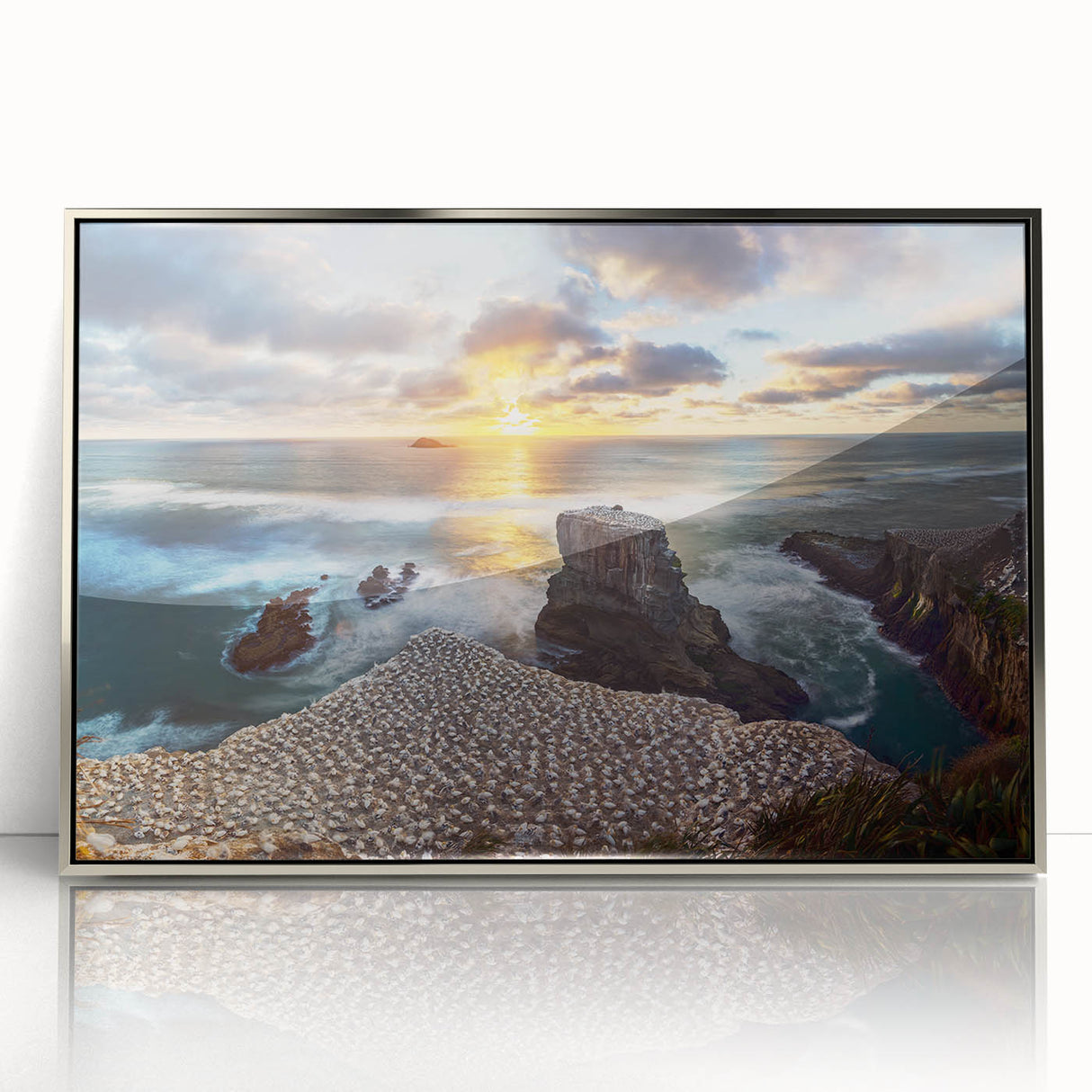 Mid-century modernist art depicting New Zealand's West Coast in muted earth tones on a silver-framed acrylic print.