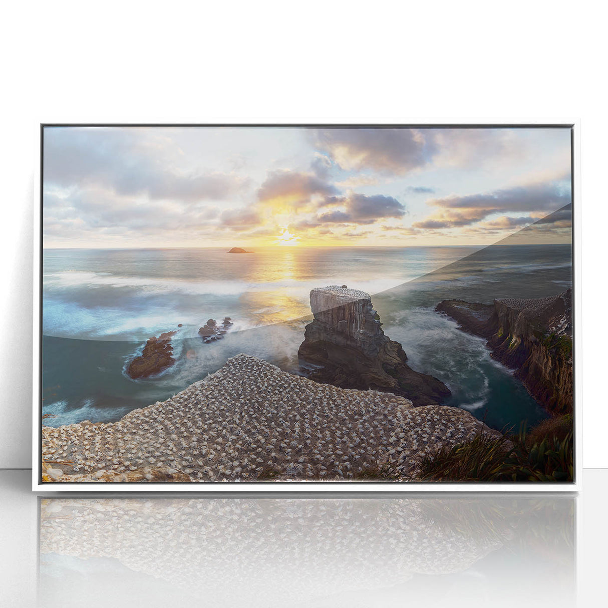 Modern art wall decor featuring a New Zealand West Coast landscape in soft pastel shades on a framed acrylic print.
