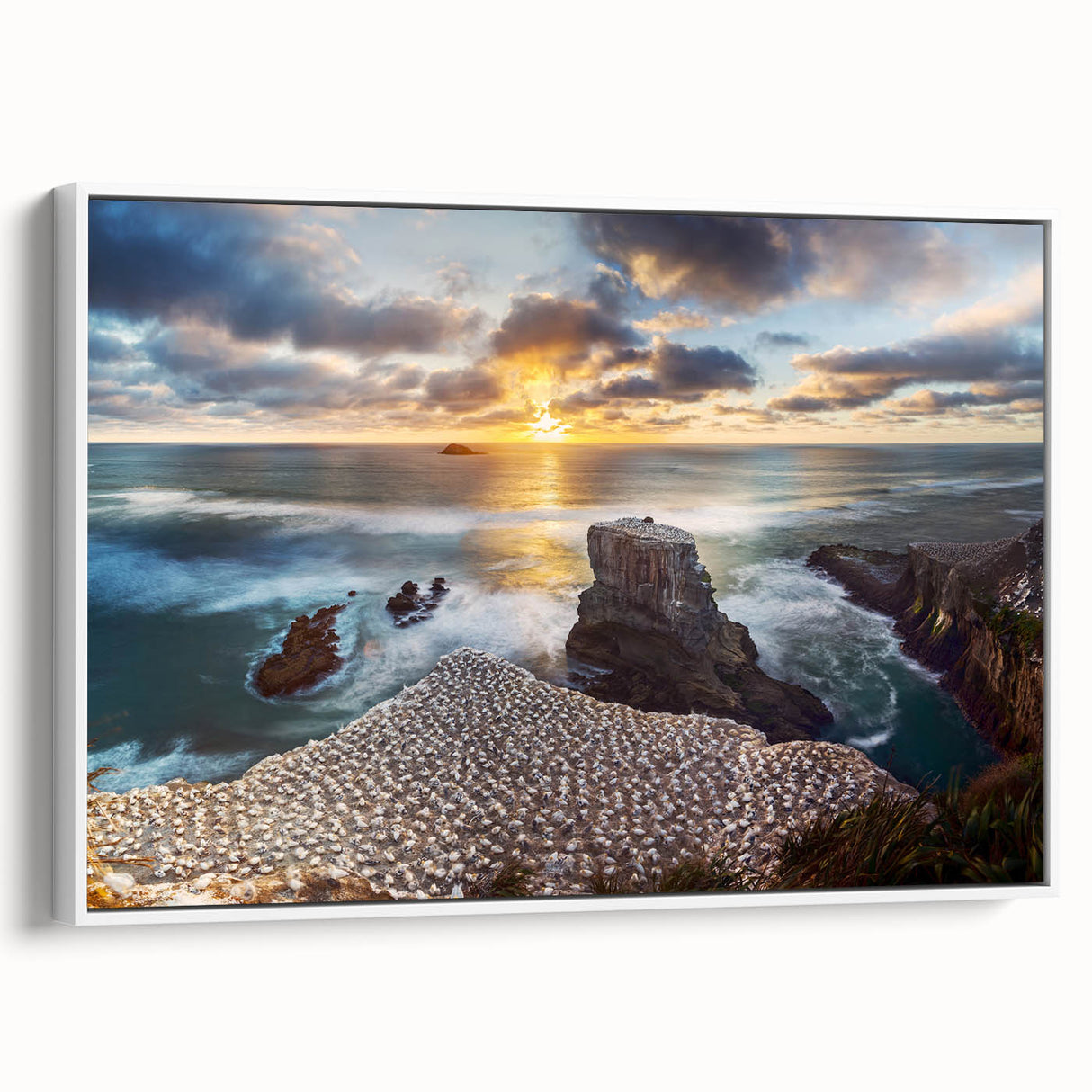 Vintage poster art of New Zealand's West Coast in vibrant colors on a framed canvas, suited for living room decor.