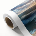 Art deco poster of New Zealand's West Coast in muted blue tones on rolled canvas, ideal for nursery wall art.
