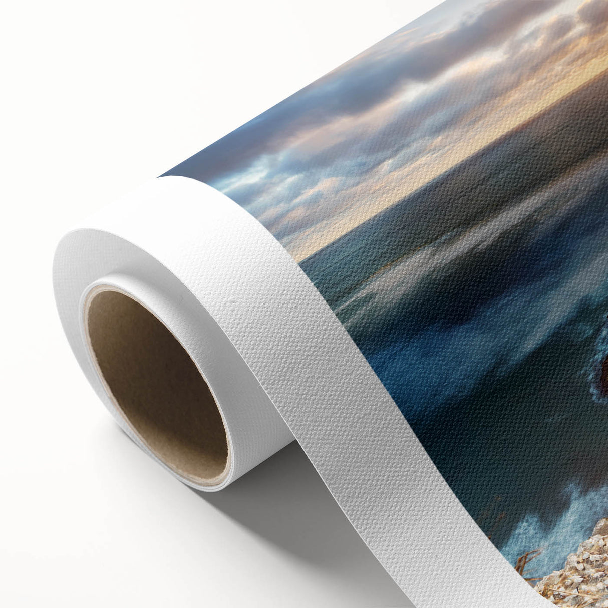 Art deco poster of New Zealand's West Coast in muted blue tones on rolled canvas, ideal for nursery wall art.