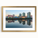 Extra large abstract art print of Buenos Aires skyline in textured gold frame, ideal for living room decor.