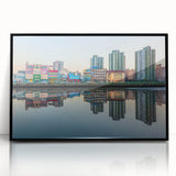 Large abstract wall art depicting a stylized Buenos Aires skyline in black and white tones on framed acrylic.