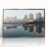 Acrylic print of Buenos Aires skyline in muted earth tones with gold frame, ideal for modern art wall decor.