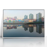 Art deco poster of Buenos Aires skyline in muted gray and blue tones, framed acrylic, ideal for modern art wall decor.