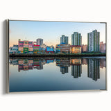 Landscape art painting of Buenos Aires with colorful, vintage poster art style on a framed canvas.