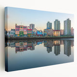 Large art print of Buenos Aires cityscape on stretched canvas, featuring muted earth tones, ideal for kitchen wall art.