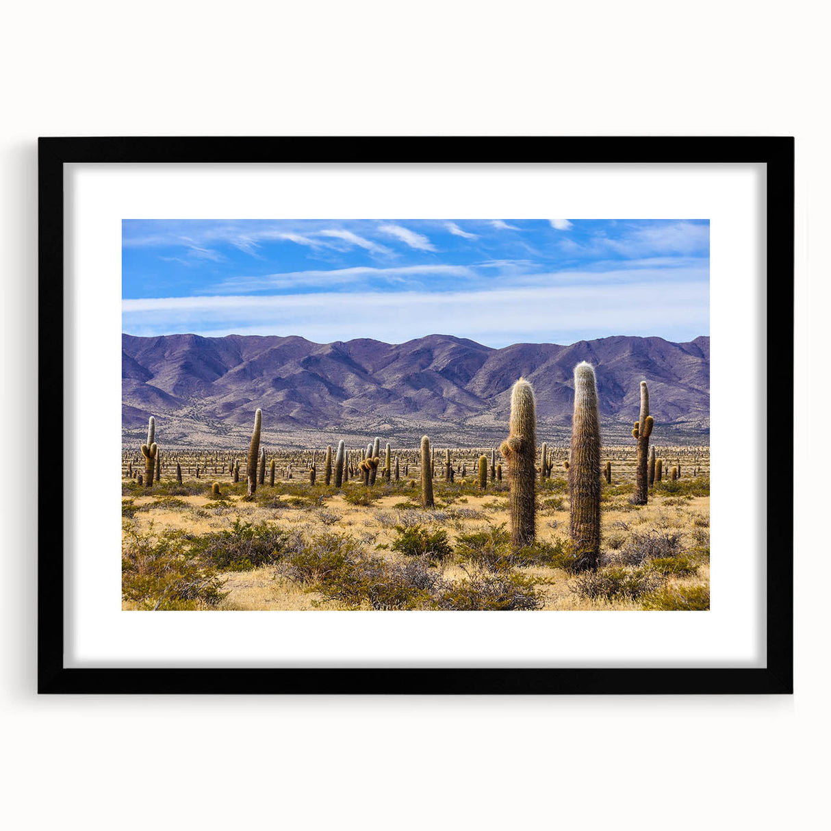 Extra large abstract art print of a colorful, textured South American scenery in a black frame, ideal for living room decor.