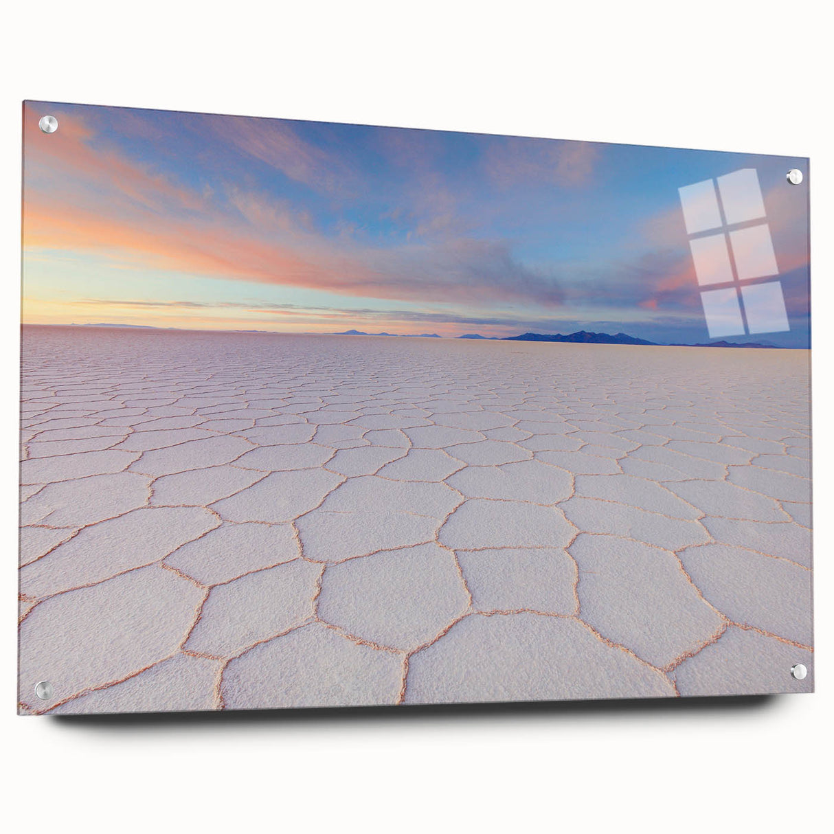 Acrylic print of a Bolivian landscape featuring earthy tones and large abstract elements.