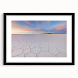 Abstract art print of Bolivian scenery in vibrant colors on a large framed canvas, suitable for living room decor.