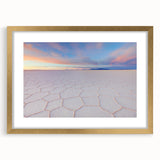 Extra large abstract art print of a Bolivian landscape in textured gold frame, ideal for living room decor.