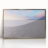 Large art print of a Bolivian landscape in acrylic, framed in gold, with mid-century modernist style.
