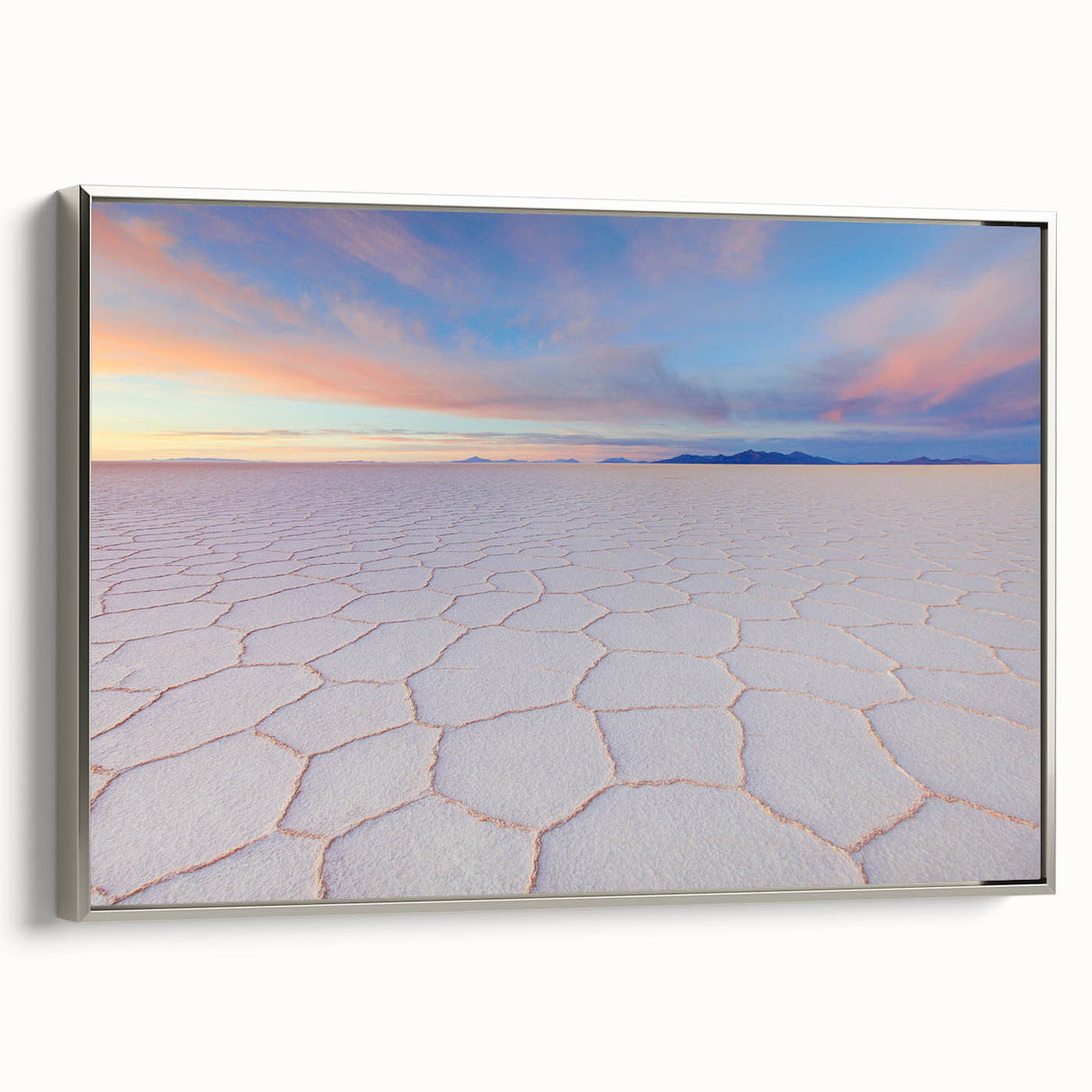 Landscape art painting of a Bolivian scenery in vibrant colors, framed in silver on canvas, suitable for living room decor.