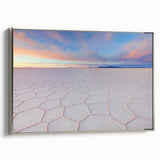 Landscape art painting of a Bolivian scenery in vibrant colors, framed in silver on canvas, suitable for living room decor.