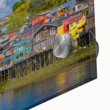 Large abstract wall art depicting Santiago, Chile in mid-century modernist style with muted earth tones on acrylic glass.