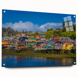 Acrylic print of Santiago, Chile skyline in muted earth tones, ideal for dining room decor.