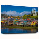 Acrylic print of large abstract Santiago skyline in earthy brown tones, ideal for bedroom or dining room art.