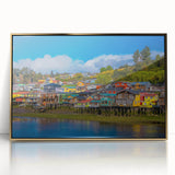 Acrylic print of Santiago, Chile skyline in gold frame, featuring mid-century modernist style.